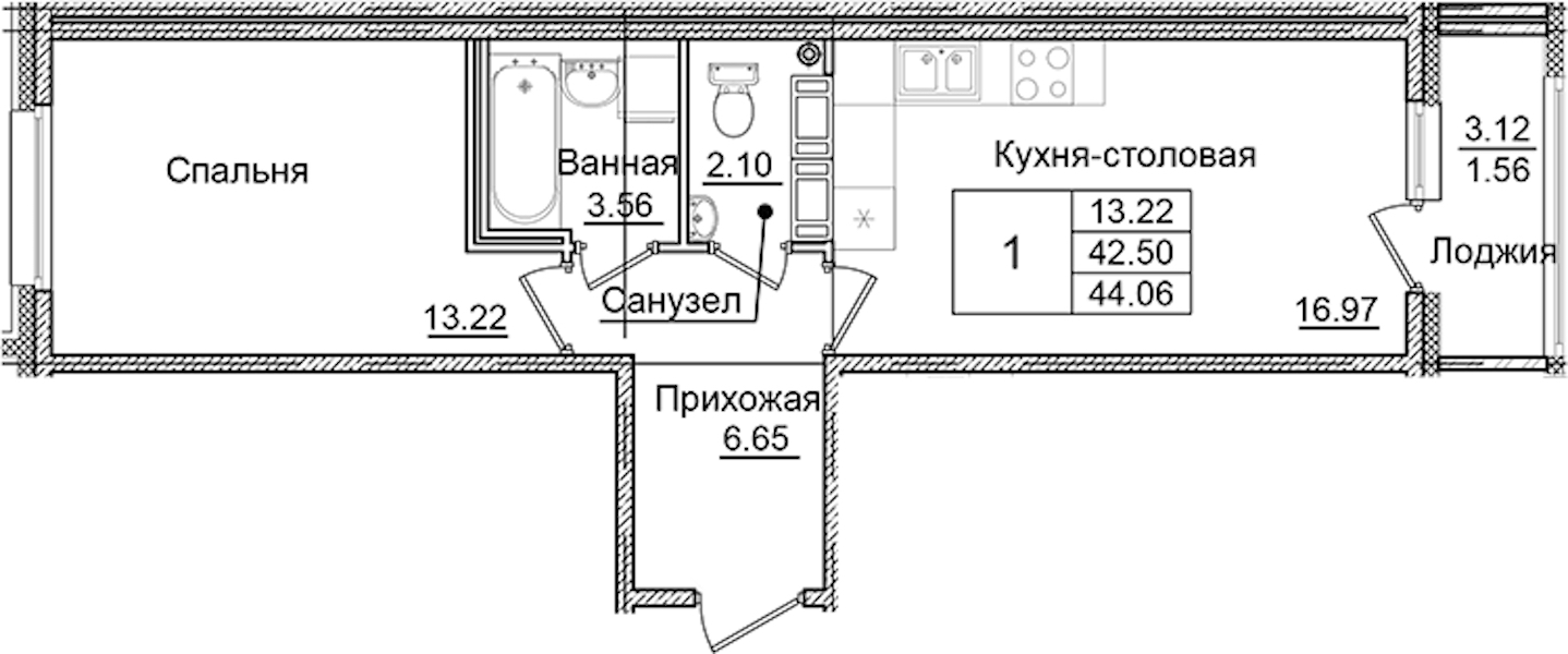 1-комнатная квартира 44.06 м², 5/9 эт., ЖК «Квартал Заречье»
